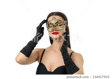 Woman wearing a decorative mask and glamorous gloves, isolated, PNG Woman wearing a decorative mask and glamorous gloves, isolated, PNG 130917503
