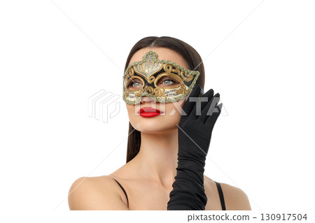 Woman showcases beauty with a mask and red lips, isolated, PNG Woman showcases beauty with a mask and red lips, isolated, PNG 130917504