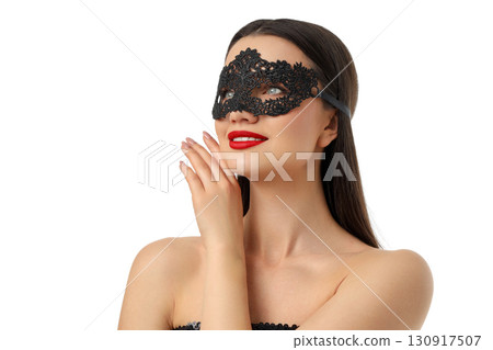 Woman in lace mask, red lips, long hair, isolated, PNG Woman in lace mask, red lips, long hair, isolated, PNG 130917507