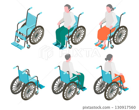 Isometric illustration set of elderly people in wheelchairs (men and women, front and back views) 130917560
