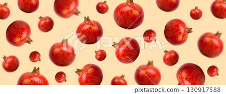 Bright red pomegranates elegantly arranged over a light backdrop Bright red pomegranates elegantly arranged over a light backdrop 130917588