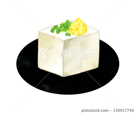 Tofu topped with chopped green onions and grated ginger. Hand-drawn watercolor illustration of Japanese cuisine. 130917749