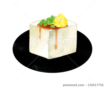 Tofu with chopped green onions, grated ginger and soy sauce. Hand-drawn watercolor illustration of Japanese cuisine. Tofu with chopped green onions, grated ginger and soy sauce. Hand-drawn watercolor illustration of Japanese cuisine. 130917750