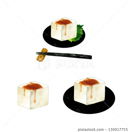 醬油豆腐套裝-日本料理的手繪水彩插圖 130917755