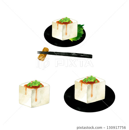 一組豆腐配蔥花和醬油。日本料理手繪水彩插圖集。 130917756