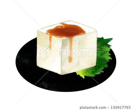 豆腐與紫蘇葉佐醬油 — — 日本料理的手繪水彩插圖 豆腐與紫蘇葉佐醬油 — — 日本料理的手繪水彩插圖 130917765