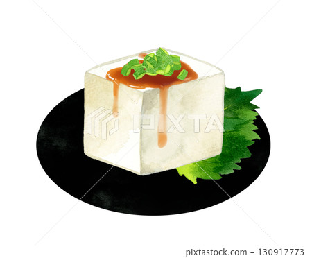 豆腐佐蔥花與醬油 — — 日本料理的手繪水彩插圖 豆腐佐蔥花與醬油 — — 日本料理的手繪水彩插圖 130917773