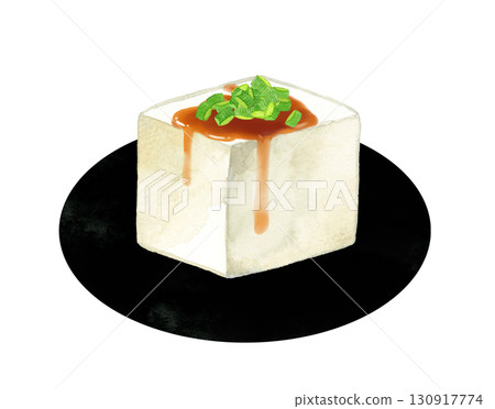 Tofu with chopped green onions and soy sauce - Hand-drawn watercolor illustration of Japanese cuisine Tofu with chopped green onions and soy sauce - Hand-drawn watercolor illustration of Japanese cuisine 130917774