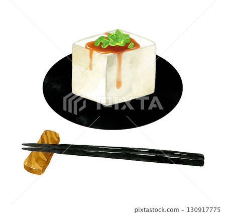 豆腐佐蔥花與醬油 — — 日本料理的手繪水彩插圖 豆腐佐蔥花與醬油 — — 日本料理的手繪水彩插圖 130917775
