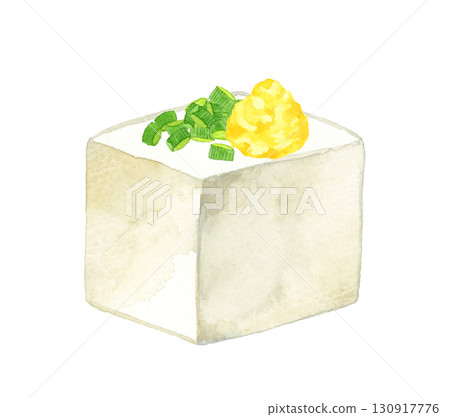 豆腐上撒上蔥花和薑末。手繪水彩畫，描繪日本料理。 130917776