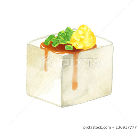豆腐配蔥花、薑末和醬油。手繪水彩畫，描繪日本料理。 130917777