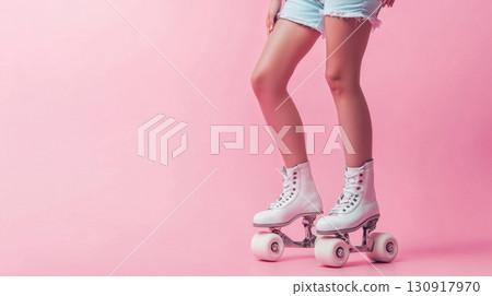 Roller Skating  White Boots on Pink. 130917970