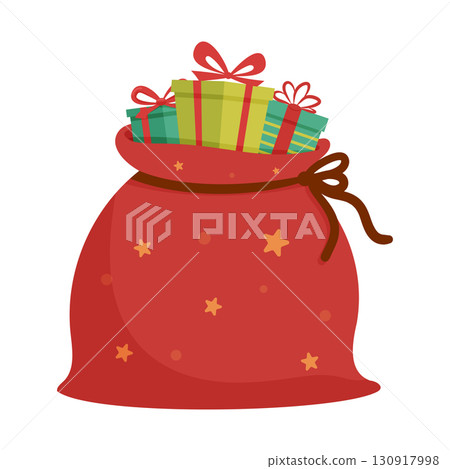 Red festive sack with ribbon-tied gift boxes and star decorations, Holiday giving and celebration 130917998