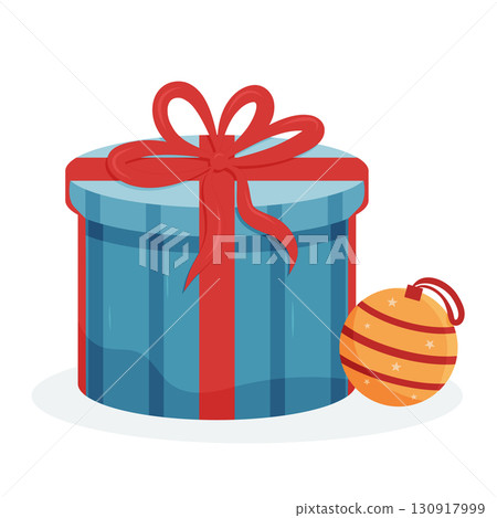 Blue round gift box with red ribbon and a yellow ornament, celebration and gifting Blue round gift box with red ribbon and a yellow ornament, celebration and gifting 130917999