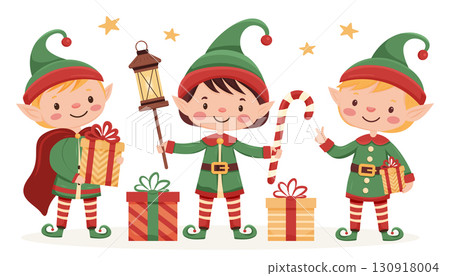 Three cute Christmas elves in festive outfits holding gifts and decorations. 130918004