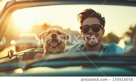Man and dog enjoying a sunset convertible ride. 130918058