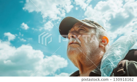 Senior hiker contemplates the sky. Senior hiker contemplates the sky. 130918162