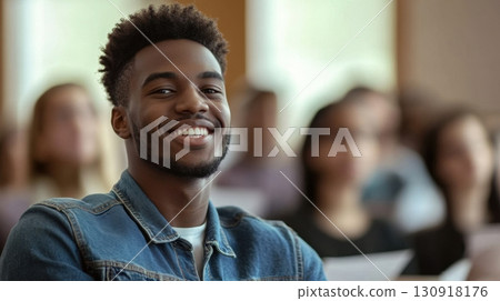 A confident young man smiles brightly. 130918176