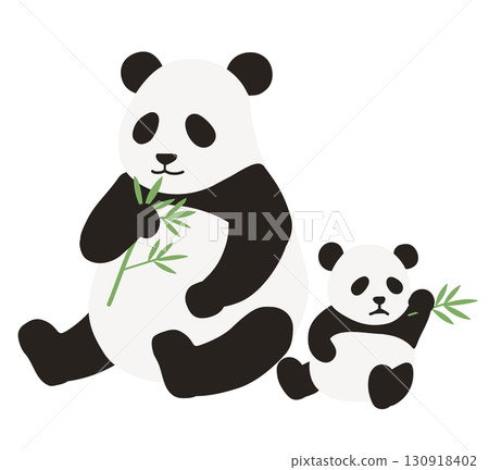 Illustration of a parent and child panda eating bamboo Illustration of a parent and child panda eating bamboo 130918402