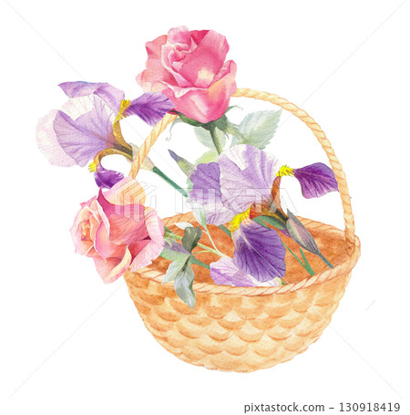 Watercolor straw basket and flowers. Watercolor irises and roses. For packaging design, cards, cover, prints, product labels and fabric.  130918419