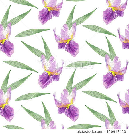 Seamless pattern of irises buds and leaveson a beige background. Watercolor handmade illustration. For packaging design, cards, cover, prints, product labels and fabric. Seamless pattern of irises buds and leaveson a beige background. Watercolor handmade illustration. For packaging design, cards, cover, prints, product labels and fabric. 130918420