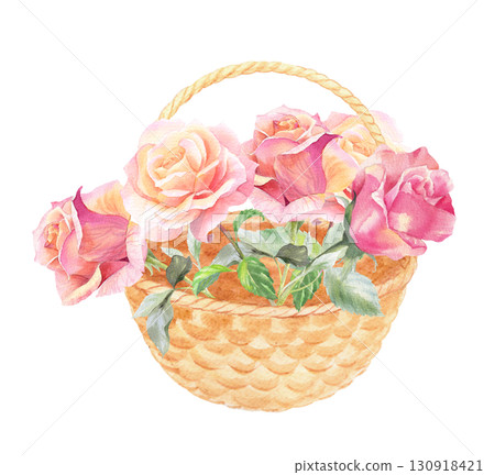 Roses in a basket. Watercolor hand drawn illustration. For packaging design, cards, cover, prints, product labels and fabric. Roses in a basket. Watercolor hand drawn illustration. For packaging design, cards, cover, prints, product labels and fabric. 130918421