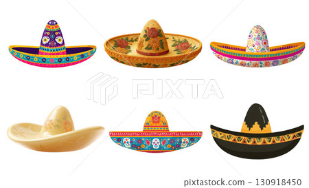 Six colorful sombreros for Day of the Dead, created with AI, PNG 130918450