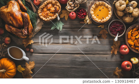 A festive spread with turkey pies vegetables and fruits, created AI 130918467