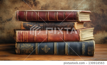Stack of antique leatherbound books. 130918563