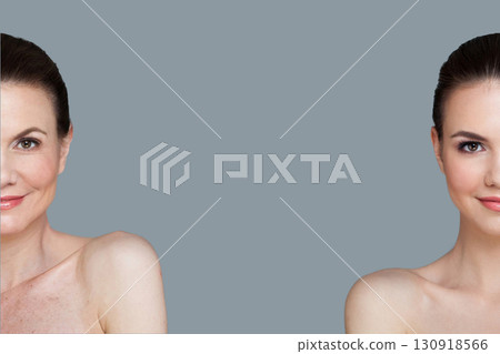 Beauty portrait of young model woman and mature woman. Two female faces collage set. Old and young Beauty portrait of young model woman and mature woman. Two female faces collage set. Old and young 130918566