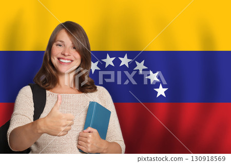 Confident woman student against Venezuelan flag background. Travel, education and learn language Confident woman student against Venezuelan flag background. Travel, education and learn language 130918569