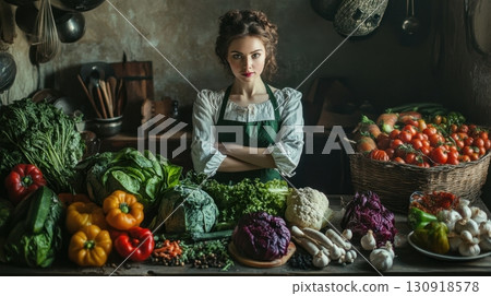 A woman farmer stands proudly with her harvest. 130918578