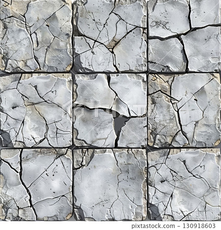Grey stone tiles, texture background, flat cracked rock, seamless for games, glazed finish. Art style fits medieval themes. 130918603