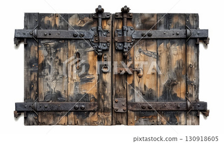 Wooden double doors with iron, top view, white background, ancient wood texture design. Wooden double doors with iron, top view, white background, ancient wood texture design. 130918605