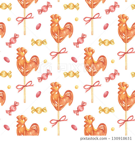 Seamless holiday pattern with watercolor sweets and lollipops. Traditional Russian treat, a lollipop rooster on a stick. Hand-drawn pattern of holiday sweets, caramel lollipops for prints, packaging. Seamless holiday pattern with watercolor sweets and lollipops. Traditional Russian treat, a lollipop rooster on a stick. Hand-drawn pattern of holiday sweets, caramel lollipops for prints, packaging. 130918631