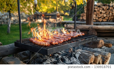 Delicious sausages grilling over an open fire. 130918701