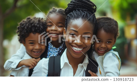 Happy mom with her three adorable children. 130918723