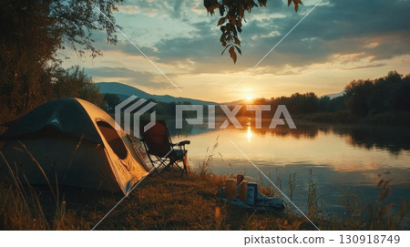 Serene Sunset Camp by the River. 130918749
