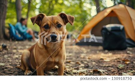 Camping pup enjoys the autumn woods. Camping pup enjoys the autumn woods. 130918750