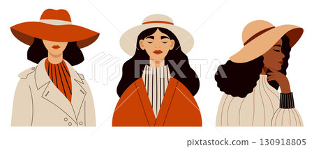 Elegant diverse Autumn Woman in wide-brim hat set. Isolated Fashionable modern Female portraits on white background. Vector illustration. Not AI 130918805