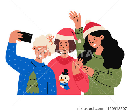 Happy Christmas Women Friends in Santa Hat and in Xmas Sweaters with Tree and Snowman together Taking Selfie. Happy New Year Characters and Festive Moments. Vector Illustration. Not AI Happy Christmas Women Friends in Santa Hat and in Xmas Sweaters with Tree and Snowman together Taking Selfie. Happy New Year Characters and Festive Moments. Vector Illustration. Not AI 130918807