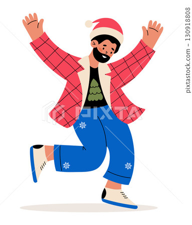 Christmas Happy Man in Santa Hat. New Year Joyful Male Character. Vector Illustration. Not AI 130918808