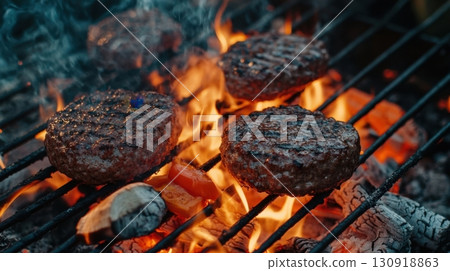 Grilling juicy burgers on a fiery barbecue. 130918863