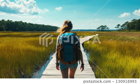 Woman hiking on a boardwalk through a marsh. Woman hiking on a boardwalk through a marsh. 130918993