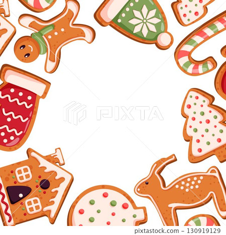 Festive border of decorated gingerbread cookies in shape of tree, mitten, candy cane, reindeer, house and man in cartoon style for holiday and Christmas design. Festive border of decorated gingerbread cookies in shape of tree, mitten, candy cane, reindeer, house and man in cartoon style for holiday and Christmas design. 130919129