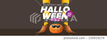 Halloween big sale banner with witch legs and funky pumpkin with sunglasses on grey floor background. Halloween sale poster design template Halloween big sale banner with witch legs and funky pumpkin with sunglasses on grey floor background. Halloween sale poster design template 130919274