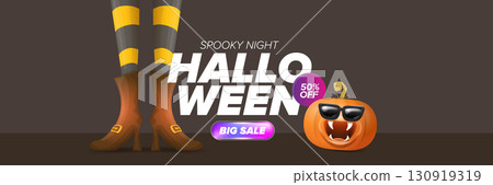Halloween big sale banner with witch legs and funky pumpkin with sunglasses on grey floor background. Halloween sale poster design template Halloween big sale banner with witch legs and funky pumpkin with sunglasses on grey floor background. Halloween sale poster design template 130919319