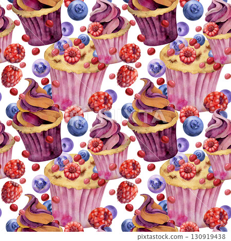 Homemade cupcake with berry bonbon candy topping, raspberry and blueberry custard cream on muffins hand drawn in watercolor. Isolated dessert illustration for seamless patterns, food blogs, packaging 130919438