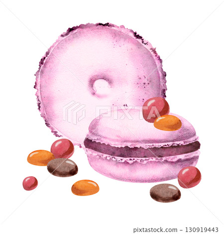 Sweet sugar dragee candies, whoopie pies and puffy macarons. Isolated hand painted watercolor illustration. Eco-packaging for artisanal dessert boutique, confectionery branding, promotional flyers. 130919443