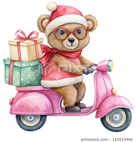 Cute chubby bear with Santa costume and sunglasses Drive a Vespa and deliver a gift white background  130919466